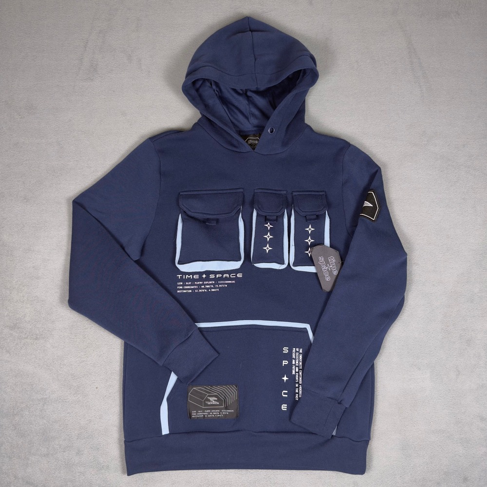 Time Space Utility Hoodie Mens Small Navy Techwear Cargo Pocket Graphic
